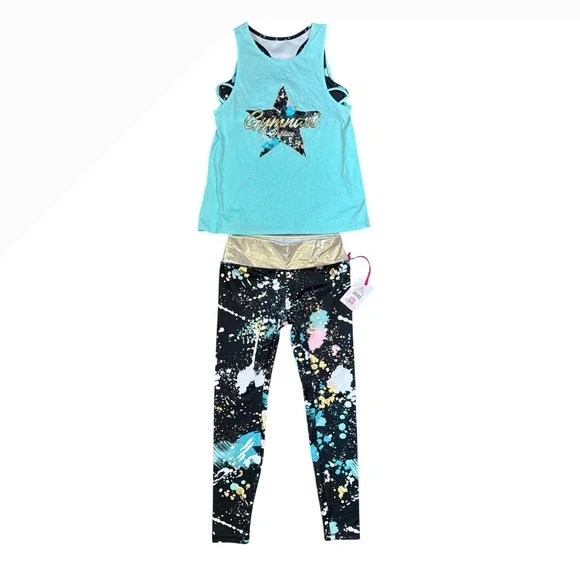 Justice Girls Turquoise Gymnast Star Tank Top & Black Paint Splatter Leggings - Picture 1 of 9